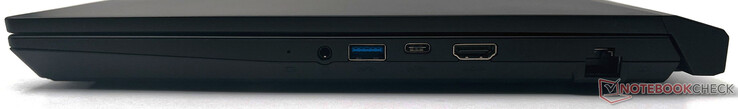 Rechts: Batterij-led, 3,5 mm combo audio-aansluiting, USB 3.2 Gen1 Type-A, USB 3.2 Gen1 Type-C, HDMI 2.0b-out, RJ-45 Gigabit Ethernet
