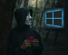 Een persoon met een Guy Fawkes-masker kijkt naar een Windows-logo (bron: Peakpx en Ahmed Zayan via Unsplash; bewerkt)