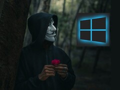 Een persoon met een Guy Fawkes-masker kijkt naar een Windows-logo (bron: Peakpx en Ahmed Zayan via Unsplash; bewerkt)
