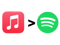 Apple Muzieklogo, een groter-dan symbool en het Spotify-logo.