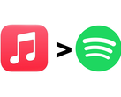 Apple Muzieklogo, een groter-dan symbool en het Spotify-logo.