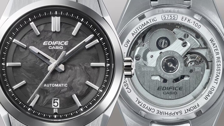 De Casio Edifice EFK-100D-1A met gesmede carbon wijzerplaat heeft een doorzichtige achterkant. (Afbeeldingsbron: Casio)