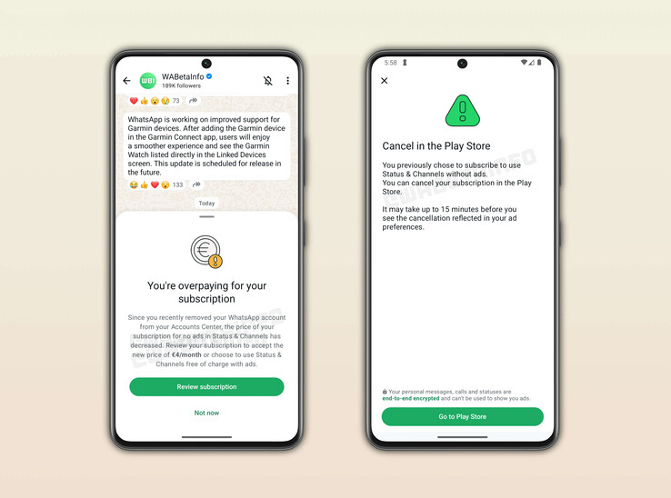 Screenshots van WABetaInfo tonen een abonnementsprijs van €4 per maand (Afbeeldingsbron: WABetaInfo)