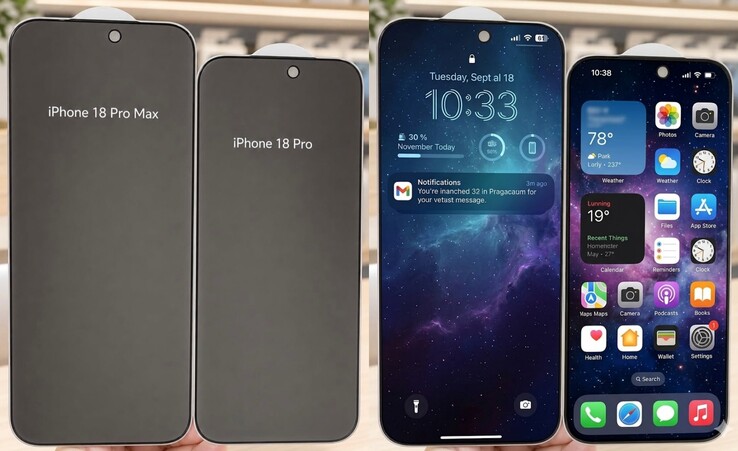 De gelekte iPhone 18 Pro-serie screenprotectors (links) lijken langer dan hun iPhone 17 Pro-serie tegenhangers. Het lek/gerucht over een hogere beeldverhouding van het display is nog niet bevestigd door andere bronnen.