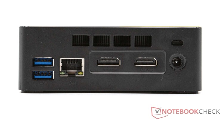 Achterkant: 2x USB 3.2 Gen2 (10 Gbps), GBit-LAN, 2x HDMI (max. 4K@60Hz), netaansluiting (12V 3.0A)
