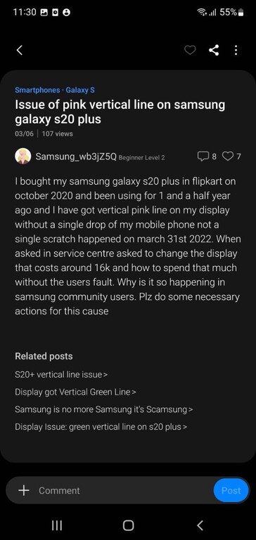 Gebruikers klagen over Galaxy S20 Plus displayproblemen op Samsung Members (afbeelding via eigen)