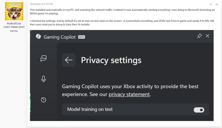 Bezorgdheid over privacy bij Gaming Copilot (Afbeelding bron: screenshot, RedbullCola@ResetEra forums)