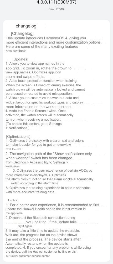 De changelog voor update versie 4.0.0.111(C00M07) voor de Huawei Watch GT 3 Pro. (Afbeeldingsbron: Huawei.blog/Google Translate)