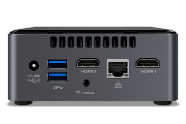 Achter: voeding, USB 3.0 Type-A poorten x2, HDMI port x2, optische audioconnector RJ45 Ethernet-poort.