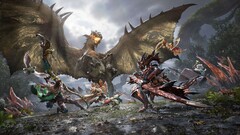 Jagers nemen het op tegen een gevleugelde wyvern in coöpgevechten in Monster Hunter Outlanders. 