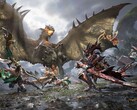 Jagers nemen het op tegen een gevleugelde wyvern in coöpgevechten in Monster Hunter Outlanders. 