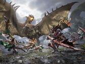 Jagers nemen het op tegen een gevleugelde wyvern in coöpgevechten in Monster Hunter Outlanders. 