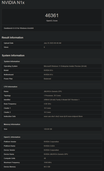 Nvidia N1X Geekbench GPU prestaties (bron: Geekbench)