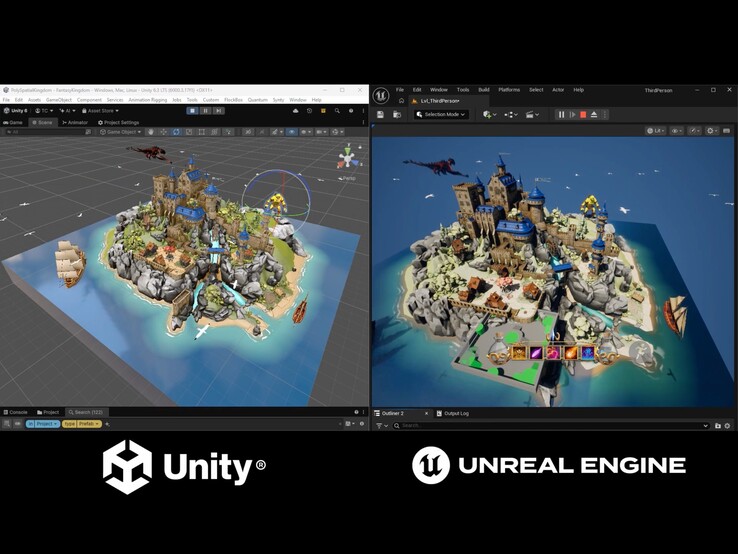 De demo vergelijkt het Fantasy Kingdom-project dat in de Unity Editor draait met de versie die door Unreal Engine wordt weergegeven.