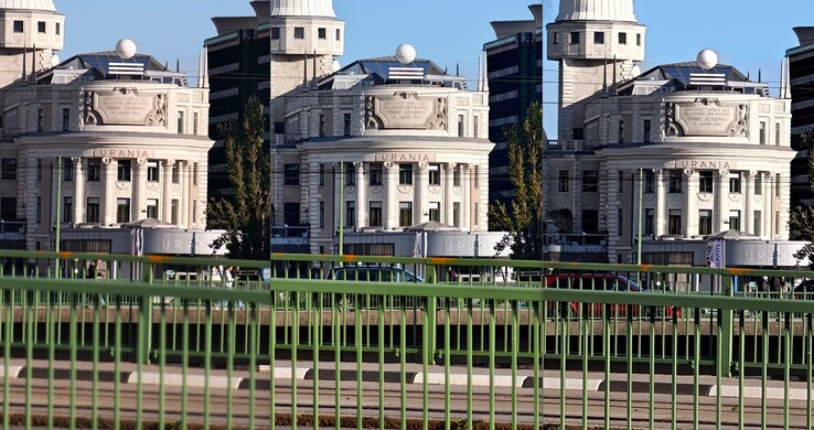 10x Zoom uitsnede vergelijking: Links: Oppo met externe lens. Midden: Vivo zonder externe lens. Rechts: Oppo zonder externe lens.