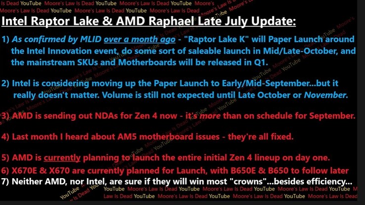 MLID lekt met betrekking tot Raptor Lake en Zen 4 releasedatum. (Bron: MLID)
