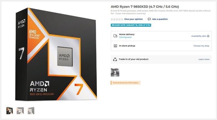 Ryzen 7 9850X3D notering. (Afbeelding Bron: LDLC)