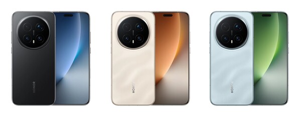 De Honor Magic 8 Pro in zwart, Sunrise Gold en Sky Cyan. (Afbeeldingsbron: Honor)