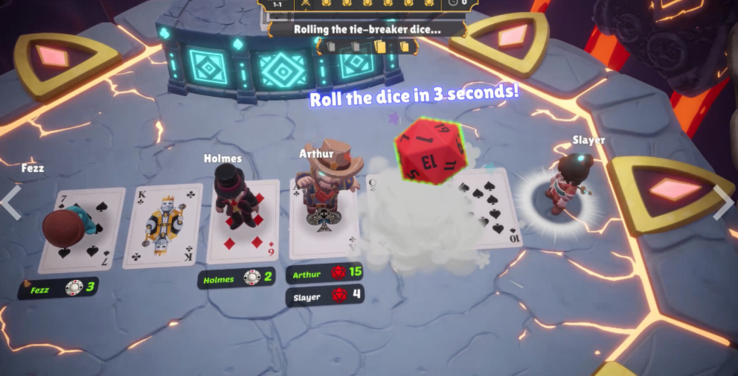 Multiplayer-gameplay van „One Last Hand“ waarin kaarten en een beslissende worp met de dobbelsteen te zien zijn