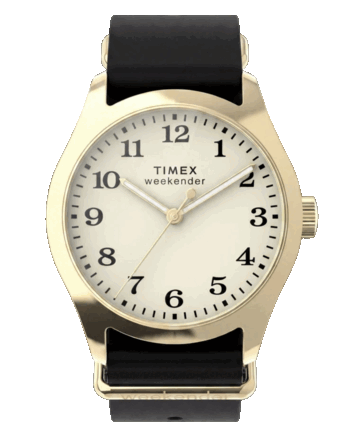 Timex Weekender New England TW2Y86600 met een goudkleurige kast van 34 mm, een crèmekleurige wijzerplaat en een zwarte leren band.