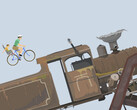 Gameplay van Happy Wheels waarin te zien is hoe een vader en kind op een fiets in de richting van een grote locomotief rijden op een door gebruikers gecreëerd hindernissenparcours.