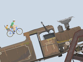 Gameplay van Happy Wheels waarin te zien is hoe een vader en kind op een fiets in de richting van een grote locomotief rijden op een door gebruikers gecreëerd hindernissenparcours.