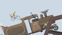 Gameplay van Happy Wheels waarin te zien is hoe een vader en kind op een fiets in de richting van een grote locomotief rijden op een door gebruikers gecreëerd hindernissenparcours.