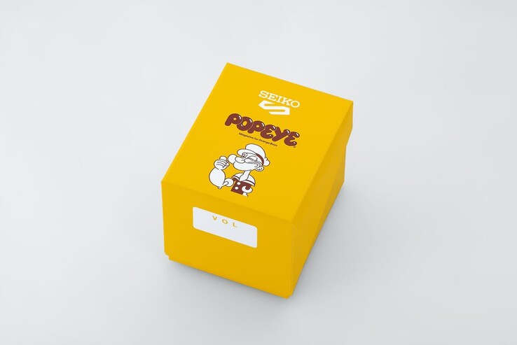 Gele presentatiedoos in speciale uitvoering voor de Seiko 5 Sports x Popeye HDB013, voorzien van Popeye-logo’s en jubileumillustraties.