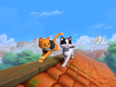 Belangrijkste promotieafbeelding voor *The Missing Tail*, waarop de koninklijke kat en de zwerfkat samen een dorp verkennen.