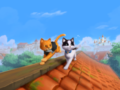 Belangrijkste promotieafbeelding voor *The Missing Tail*, waarop de koninklijke kat en de zwerfkat samen een dorp verkennen.