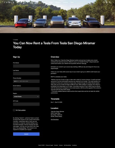 Tesla gaat verhuren: Verschillende modellen, waaronder de Cybertruck, kunnen in Californië voor maximaal een week worden gehuurd, met FSD en gratis opladen. (Afbeeldingsbron: Tesla)