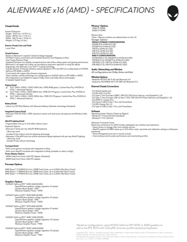 Alienware x16 met AMD Ryzen 7000HS - Specificaties. (Bron: Dell)