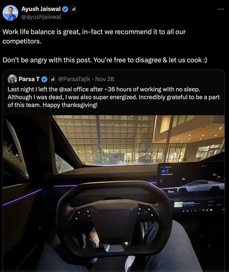 xAI-werknemer Parsa Tajik beweerde 36 uur zonder slaap te hebben gewerkt. (Afbeeldingsbron: X)