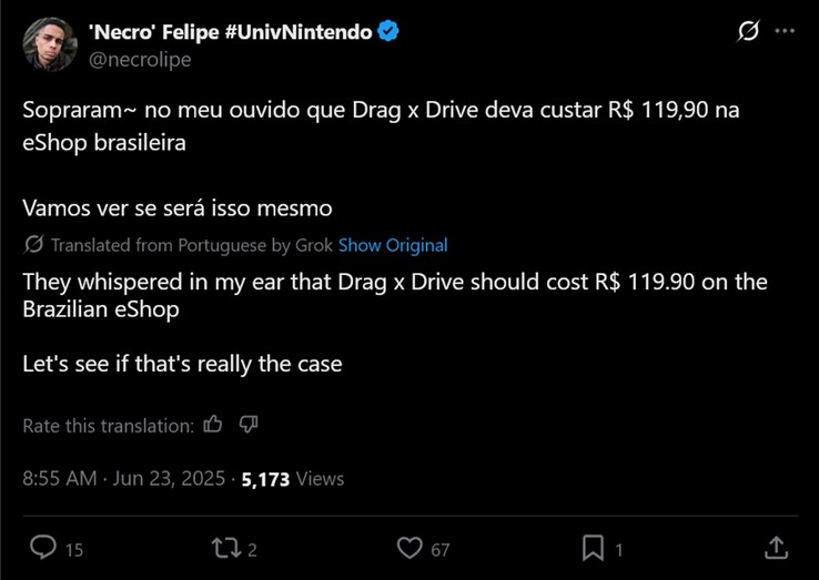 'Necro Felipe' X bericht over Drag x Drive prijs (Afbeelding bron: 'Necro" Felipe X account)