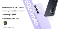 De Realme Narzo 80 Lite 5G wordt geleverd in kristalpaars en onyxzwarte kleuropties (Afbeelding bron: Realme)