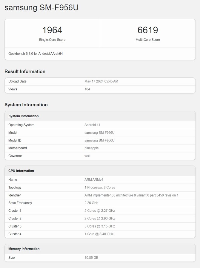 Een Amerikaans model van de Samsung Galaxy Z Fold6 met Snapdragon 8 Gen 3 is op Geekbench verschenen.