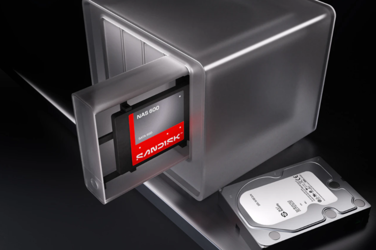 Sandisk NAS 600 SATA SSD weergegeven in een NAS-schijfsleuf naast een harde schijf4