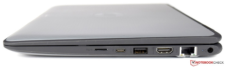 Rechts: microSD-kaartlezer, USB 3.1 Type C, USB 3.1 Gen 1, HDMI 1.4b, RJ45, status-LED, power