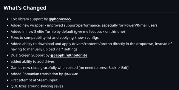 Een screenshot met de changelog van GameNative versie 0.7.1.