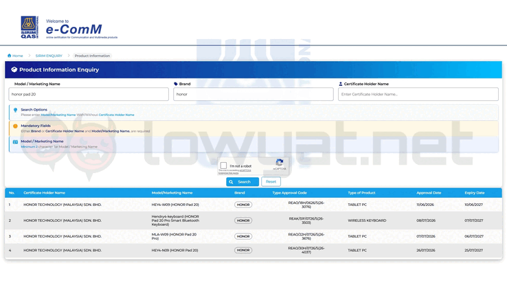 De tablets uit de Honor Pad 20-serie hebben de SIRIM-certificering ontvangen. 