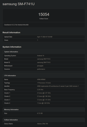 Galaxy Z Flip6 Vulkan scores (afbeelding via Geekbench)