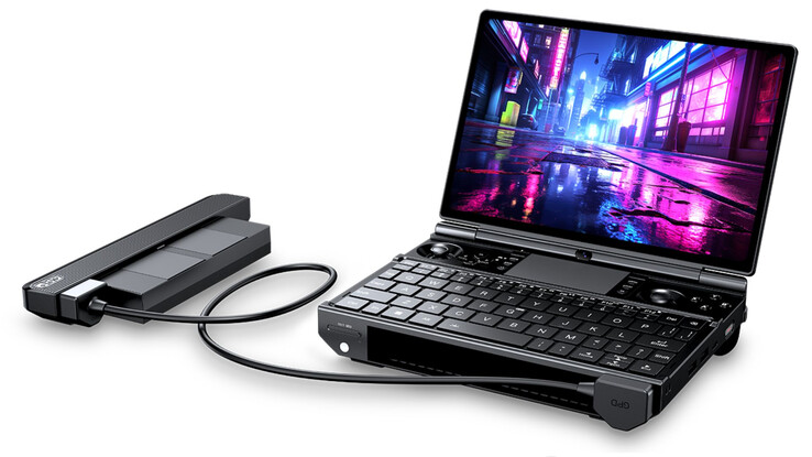 De GPD Win Max 3 met zijn uitneembare batterij, die via een verlengkabel is aangesloten.