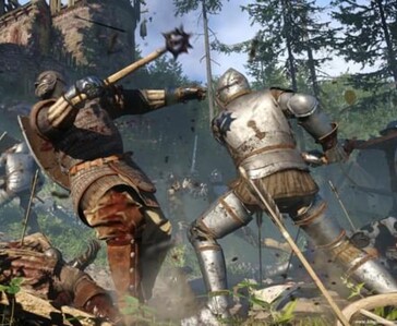Close-up gevecht in Kingdom Come: Deliverance met twee gepantserde ridders die vechten met middeleeuwse wapens.
