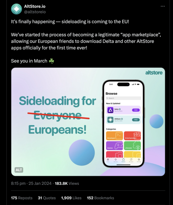 AltStore meldt dat het een "legitieme app-marktplaats" wordt (Bron: AltStore via X)