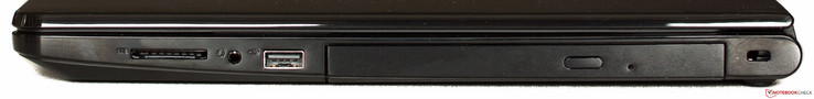 Rechts: SD-kaartlezer, audio in/out, USB 2.0, DVD, Kensington