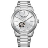 Citizen NH9150-52A automatisch horloge met een zilveren wijzerplaat met zonnestraalpatroon, een open-hartweergave boven de 6 uur, een roestvrijstalen kast en een bijpassende armband.