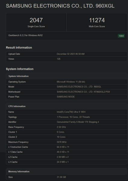 Intel Core Ultra 9 185H Geekbench score (afbeelding via Geekbench)