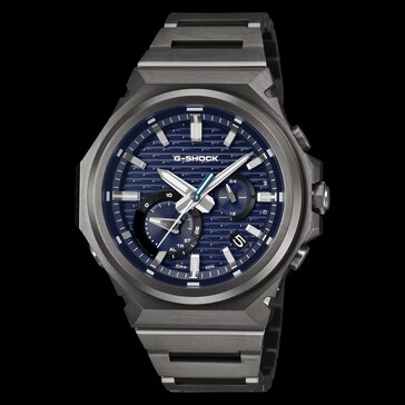 Vooraanzicht van de G-Shock GST-B1000BD-2A met blauwe wijzerplaat, donkere roestvrijstalen kast en geïntegreerde armband.