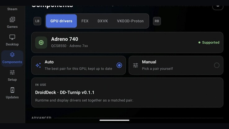 De GPU-driverinstellingen van DroidDeck op een apparaat met Adreno 740. Onafhankelijke experimentele forks onderzoeken ondersteuning voor PowerVR- en Mali-graphics.