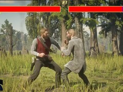 Red Dead Redemption 2 hoofdpersoon Arthur Morgan vecht tegen een NPC in Mortal Kombat stijl. (Afbeeldingsbron: Blurbs op YouTube, screenshot)